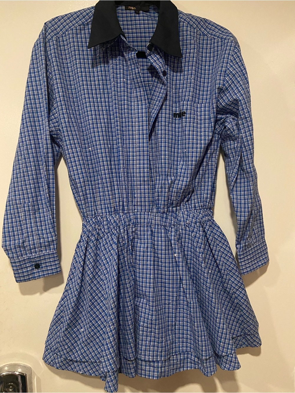 Maje Blue Plaid Rhinestones Long-Sleeve Dress with removable black collar